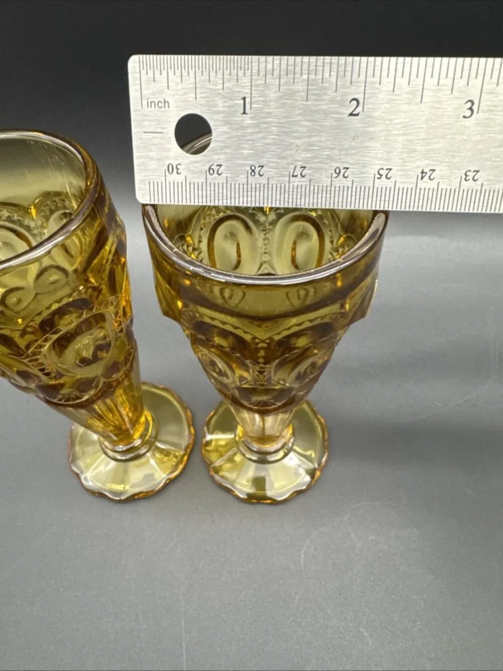 VTG MCM LE Smith Glass Moon Stars Amber Bud Vase Pair Fall Decor